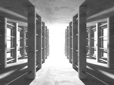 Karanlık boş oda. Beton duvarlar paslı. Mimari grunge arka plan. 3D render illüstrasyon