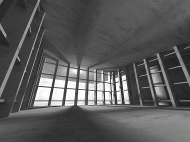 Karanlık beton boş oda. Modern mimari tasarım. Kentsel dokulu arka plan. 3D render illüstrasyon
