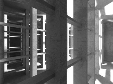 Karanlık boş oda. Beton duvarlar paslı. Mimari grunge arka plan. 3D render illüstrasyon