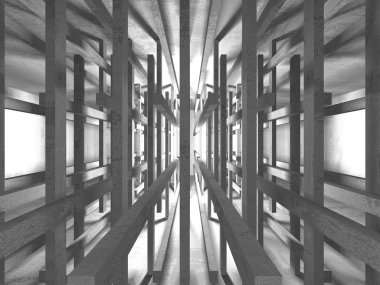 Karanlık boş oda. Beton duvarlar paslı. Mimari grunge arka plan. 3D render illüstrasyon