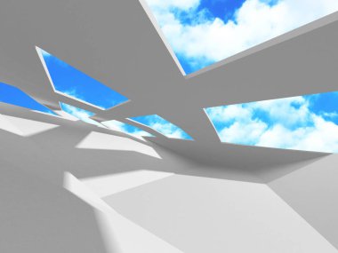 Bulutlu gökyüzü arka planda fütüristik beyaz mimari tasarım