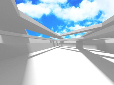 Bulutlu gökyüzü arka planda fütüristik beyaz mimari tasarım