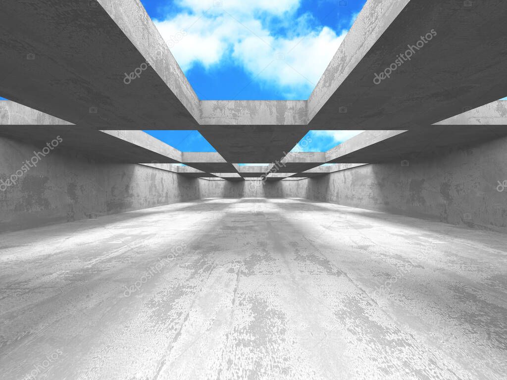 Concrete room wall construction on cloudy sky background