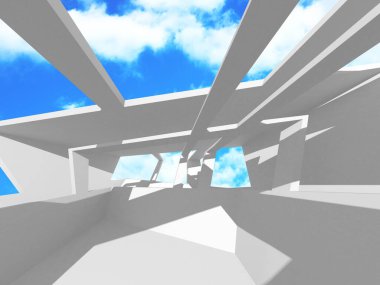 Bulutlu gökyüzü arka planda fütüristik beyaz mimari tasarım