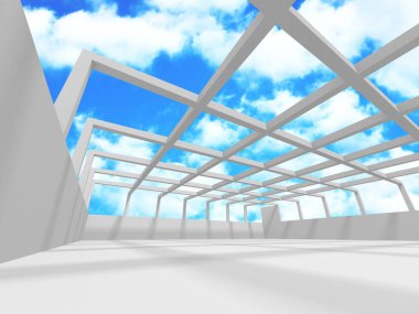 Bulutlu gökyüzü arka planda fütüristik beyaz mimari tasarım