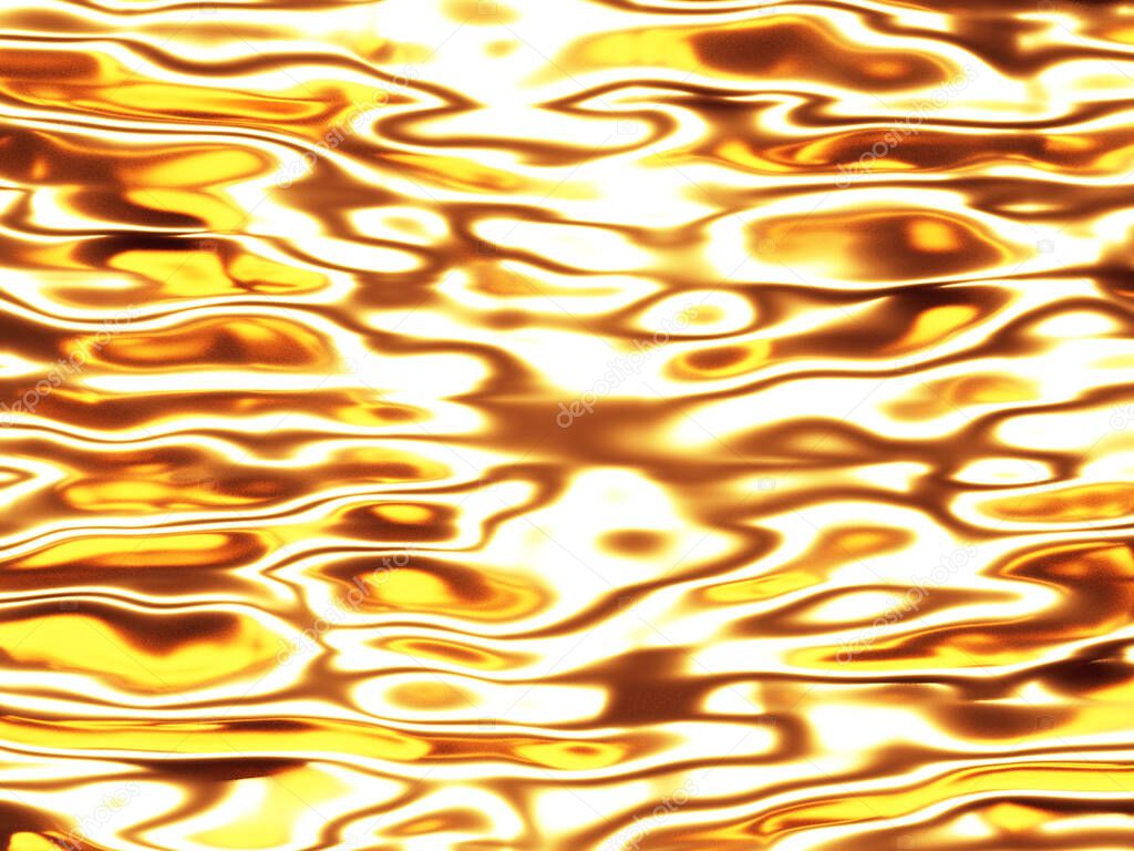 Golden abstract wavy liquid background. 3d render illustration