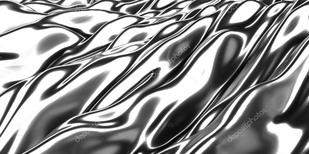 Metallic abstract wavy liquid background. 3d render illustration