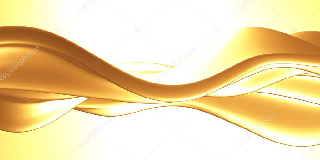 Golden abstract wavy liquid background. 3d render illustration