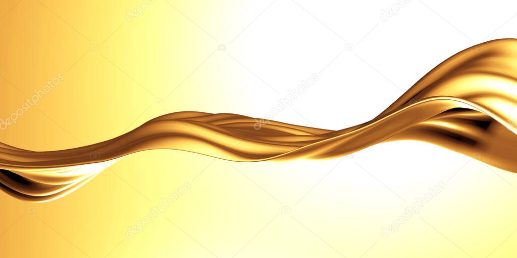 Golden abstract wavy liquid background. 3d render illustration