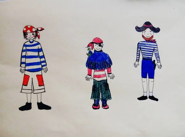 Disegno Pennarelli Colorati Raffiguranti Ragazzi Costumi Pirata — Foto Stock