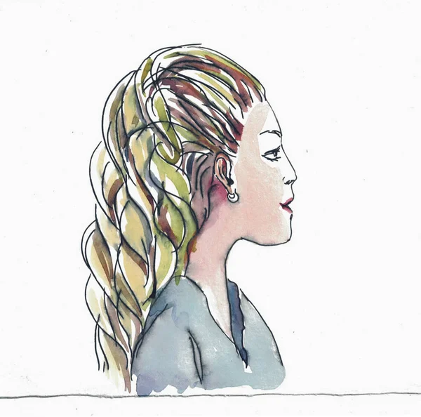 머리가 곱슬곱슬 금발의 스케치 — 스톡 사진