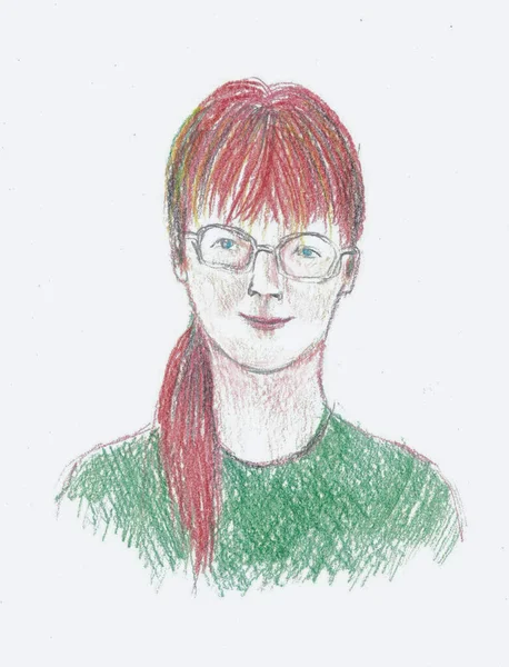 赤い髪と大きなメガネを持つ少女の漫画風のスケッチ — ストック写真
