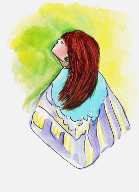 Kahverengi saçlı, sarı-yeşil arka planda atkısı olan bir kız.