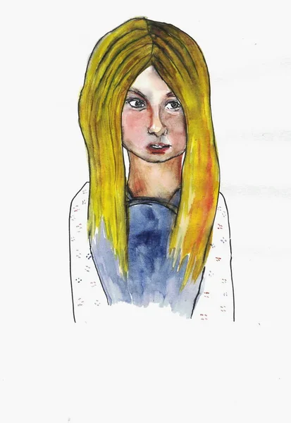 Ακουαρέλα Σχέδιο Ενός Κοριτσιού Χρυσά Μαλλιά Και Ένα Πολύχρωμο Πουλόβερ — Φωτογραφία Αρχείου