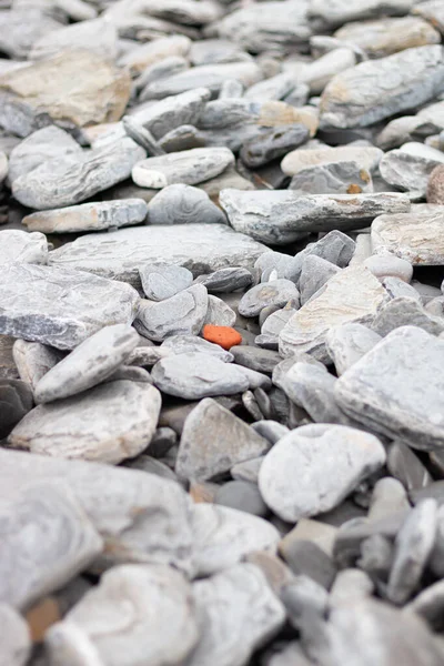 an orange stone surrounded by lots of stones and gray rocks