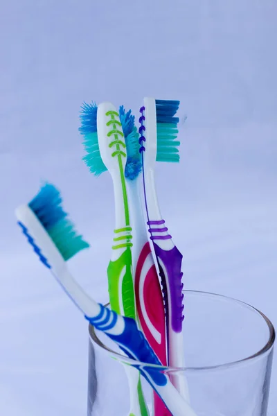 Toothbrushes Different Colors Base White Background — Stock Photo, Image