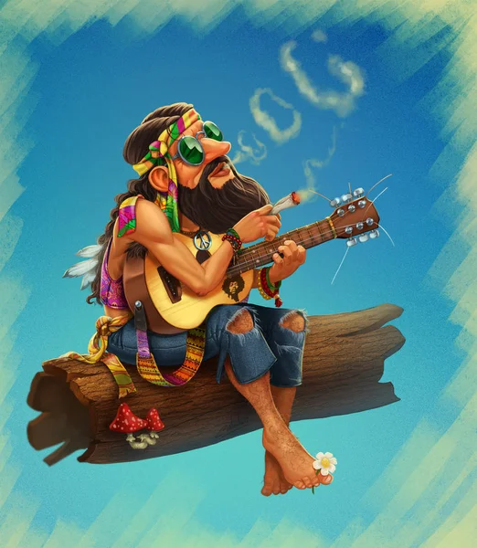 Happy hippy with guitar smoking drawing