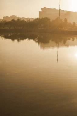 Şehir parkında bir gölet. Renkli fotoğraf. Tasarım için arkaplan.