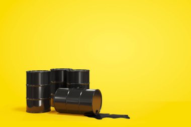 Sarı arka planda siyah varil petrol, benzin ya da yağ. Bir varil yalan söyler ve yağ birikintiye akar. 3B görüntüleme