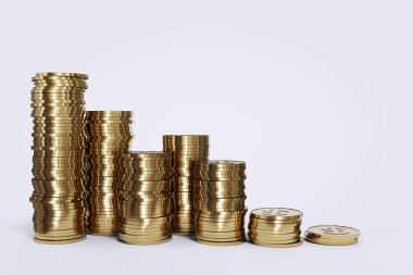 Altın sikkeler beyaz arka planda duruyor. 3B görüntüleme