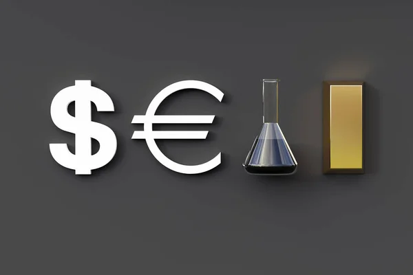 Symboly Dolaru Eura Ropy Zlata Tmavém Pozadí Vykreslování — Stock fotografie