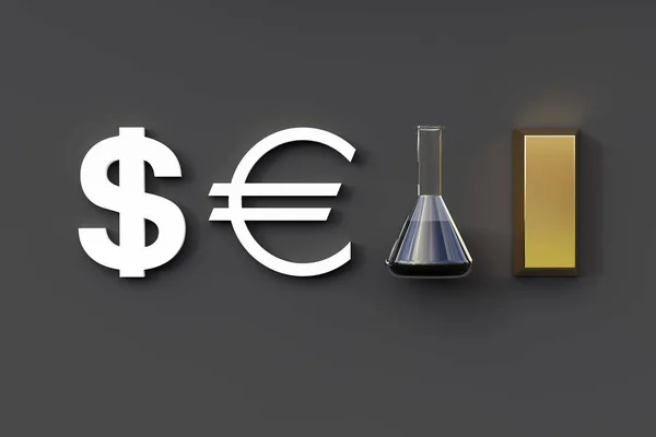 Doların, avronun, petrolün, altının simgeleri. 3B görüntüleme
