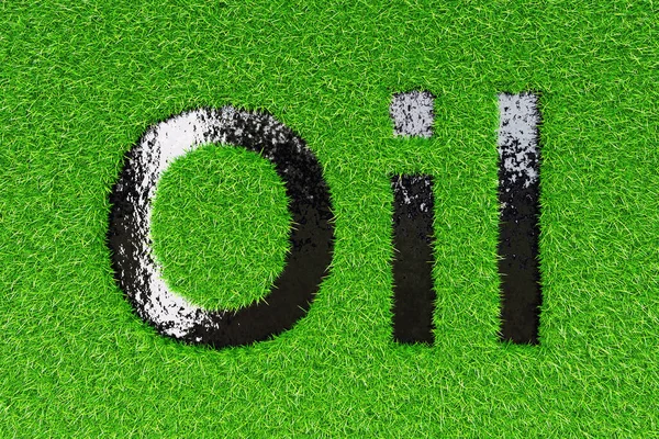 緑色の明るい草の間に黒い油が見える 3Dレンダリング — ストック写真