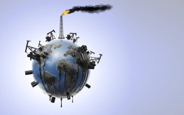 Petrolün çevreyi kirlettiği ve aktığı dünya kirliliği kavramı, dumanlı borular ve bir damla petrol. Ekolojik felaket. Doğal kaynaklar. 3B görüntüleme.