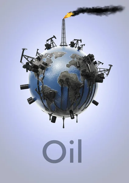 Petrolün çevreyi kirlettiği ve aktığı dünya kirliliği kavramı, dumanlı borular ve bir damla petrol. Ekolojik felaket. Doğal kaynaklar. 3B görüntüleme.