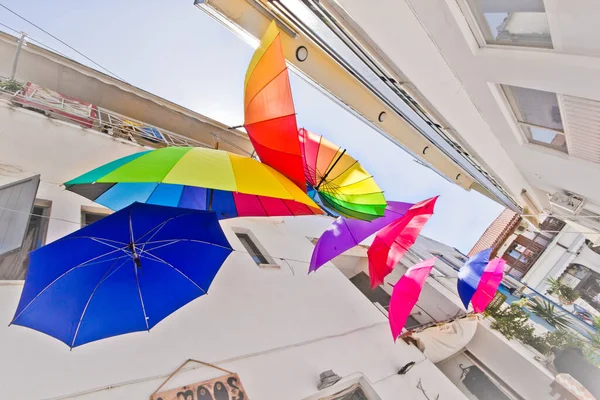 Colored umbrellas in tiny alley in greece island — Stock Image Colored Umbrellas Tiny Alley Greece Island Royalty Free Stock Photos