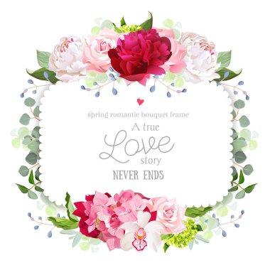 Square floral vector frame with peony, rose, carnation, orchid, hydrangea and eucaliptus. 