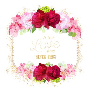 Çiçek vektör çerçeve bugrundy ve pembe peonies, ortanca beyaz kare.