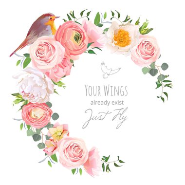 Sevimli çiçek vektör yuvarlak çerçeve Düğünçiçeği, Şakayık, gül, yeşil bitkiler ve beyaz küçük kuş.