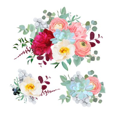 Şakayık, Düğünçiçeği, succulents, gül, karanfil, brunia, böğürtlen ve eucaliptus bırakır vektör vahşi mevsimlik karma demetleri set tasarımı.
