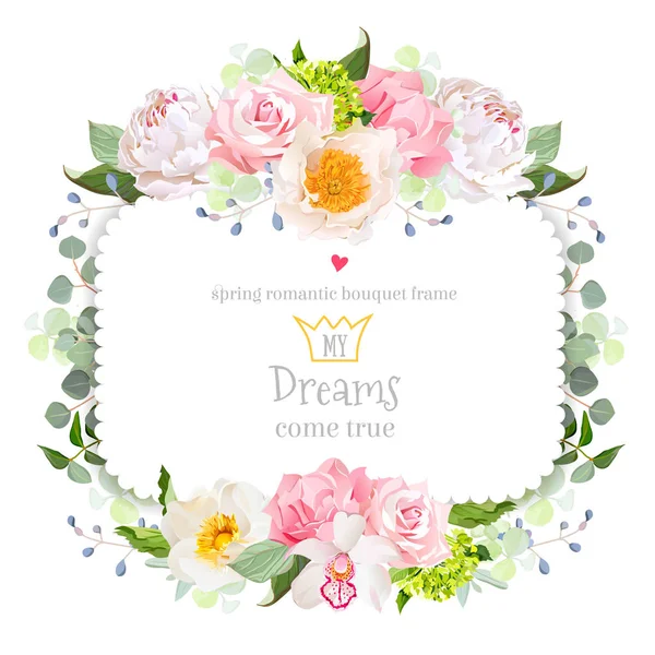 Square floral vector frame with peony, wild rose, carnation, orchid, eucaliptus and green leaves on white. — Stock Vector