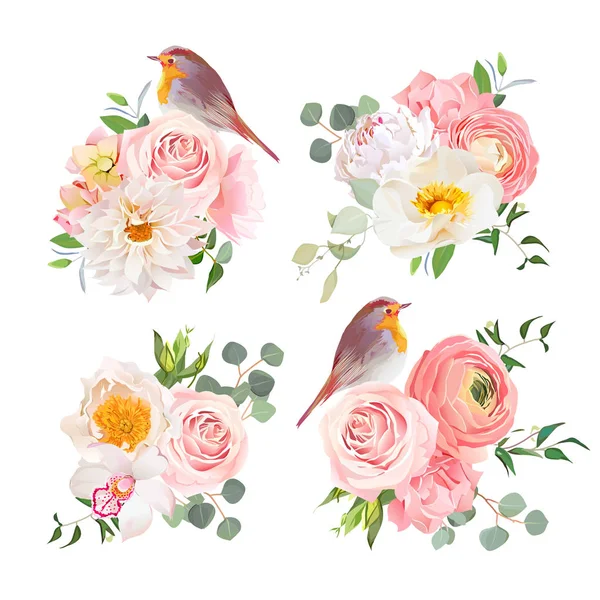 Ramos de colores de primavera y lindos objetos de diseño de vectores de aves robin . — Vector de stock