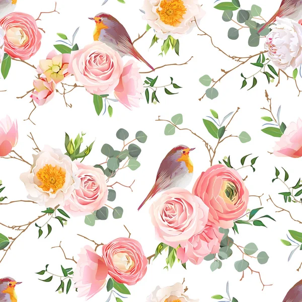 Natural vector seamless pattern with cute robin birds and bouquets of peachy roses and ranunculus in japanese style — Stock Vector