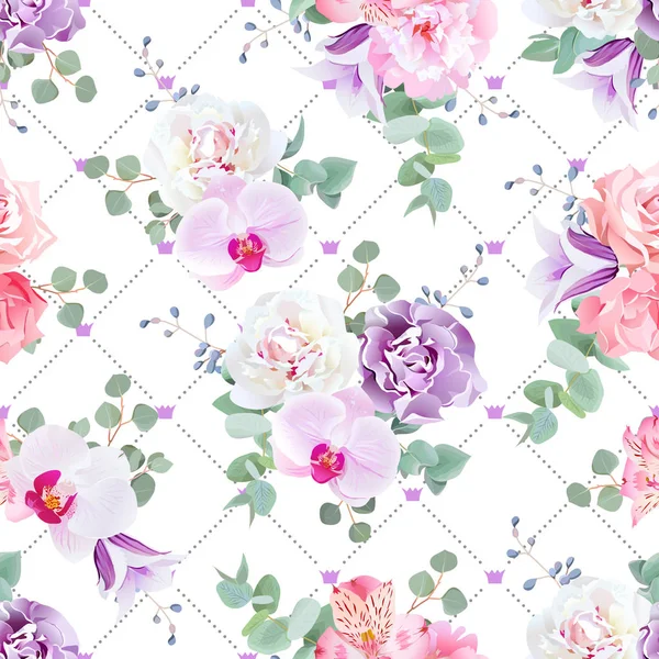 Bruiloft delicate naadloze vector afdrukken in paars, roze en witte tinten. — Stockvector