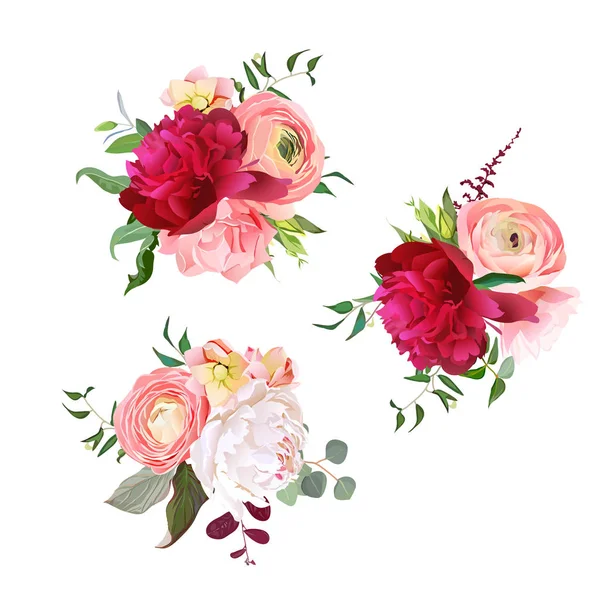 Подарункові букети з троянди, півонії, рунункули, гвоздики та листя евкаліпта . — стоковий вектор