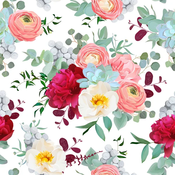 Bouquets misti autunnali di peonia, ranuncolo, piante grasse, rosa selvatica, garofano, brunia e foglie di eucalipto sullo sfondo bianco . — Vettoriale Stock