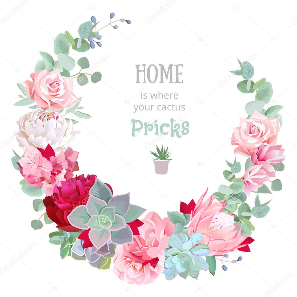 Stylish floral vector design round frame. Rose, camellia, peony flowers, echeveria, protea, eucaliptus leaves.