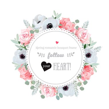 Şık çiçek vektör tasarım çerçeve. Anemon çiçeği, gül, pembe çiçekler.