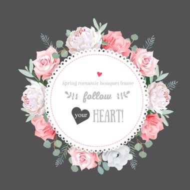 Şık çiçek vektör tasarım çerçeve. Anemon çiçeği, gül, Şakayık, carnat