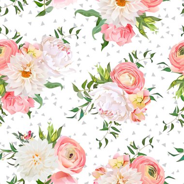 Dahlia, Düğünçiçeği, gül ve Şakayık sorunsuz vektör desen.