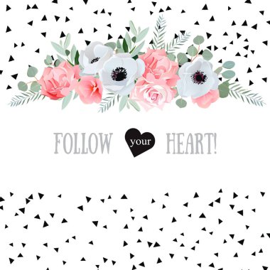 Anemon çiçeği, gül, pembe çiçekler ve dekoratif eucaliptus bırakır vec