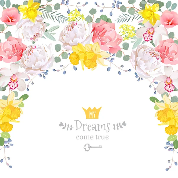 Semicircle garland frame with peony, orchid, narcissus, wild ros Stock Illustration
