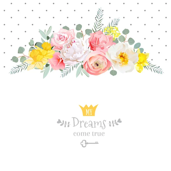 Rose, narcissus, pink flowers, ranunculus and decorative eucalip Royalty Free Stock Vectors