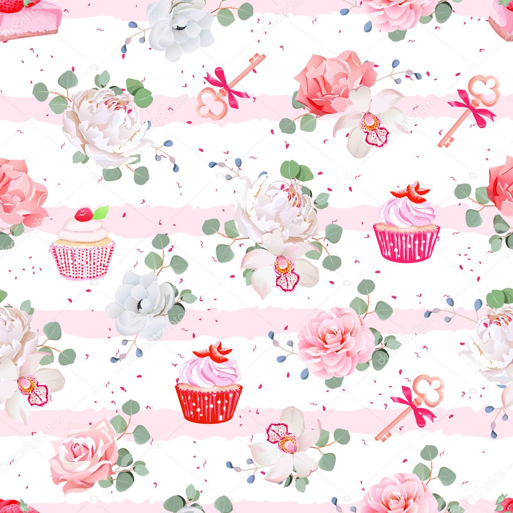 Pink striped seamless vector pattern with fresh pastries, bouque