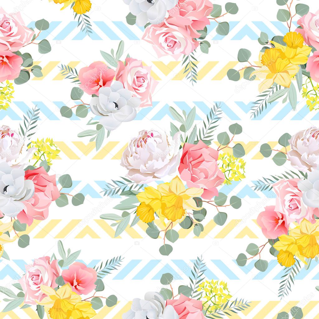 Summer sunny floral seamless vector pattern. Peony, rose, narcis