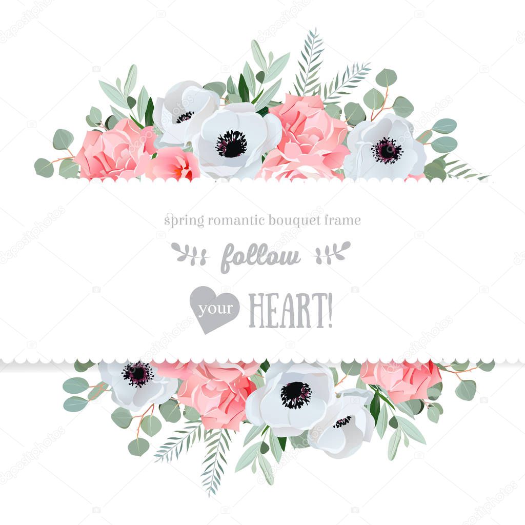 Anemone, rose, pink flowers and decorative eucaliptus leaves vec